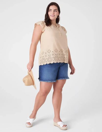 Flutter-Sleeve Woven-Front Knit Top
