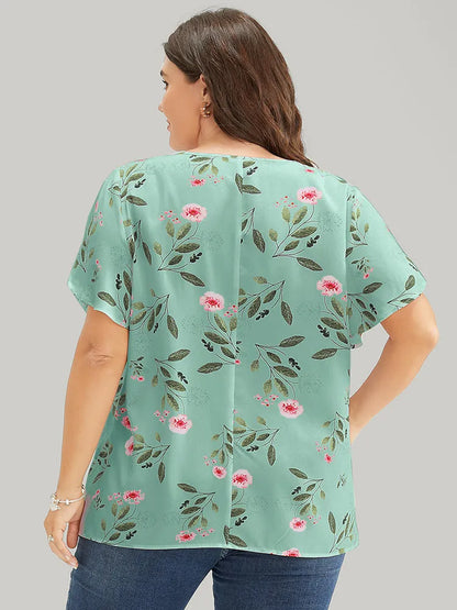 Floral O Ring Zipper Split Petal Sleeve Blouse