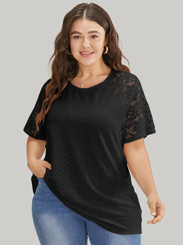 Solid Broderie Anglaise Lace Raglan Sleeve T-shirt