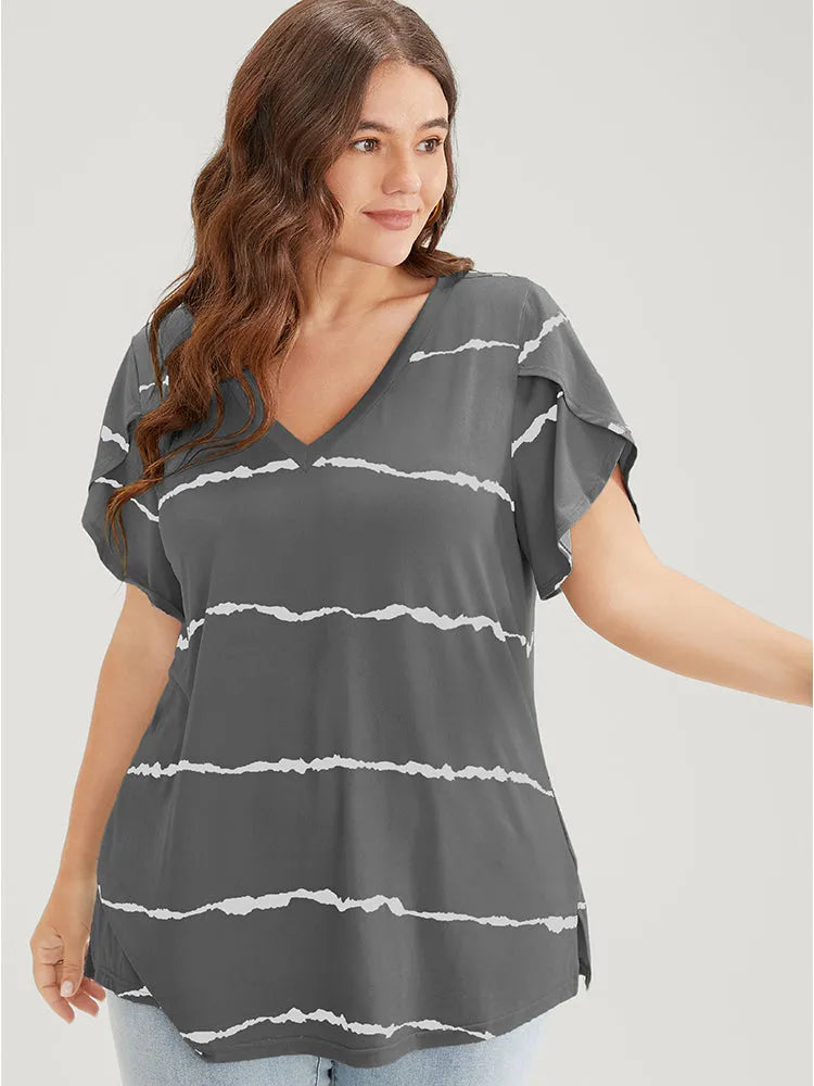 Striped Contrast Petal Sleeve T-shirt