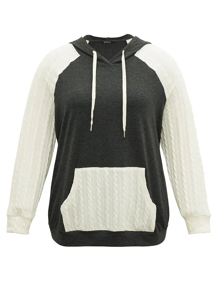 Contrast Cable Knit Pocket Hooded Drawstring Sweatshirt
