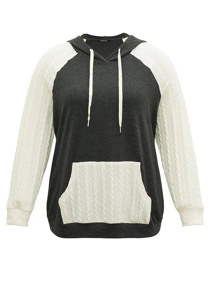 Contrast Cable Knit Pocket Hooded Drawstring Sweatshirt