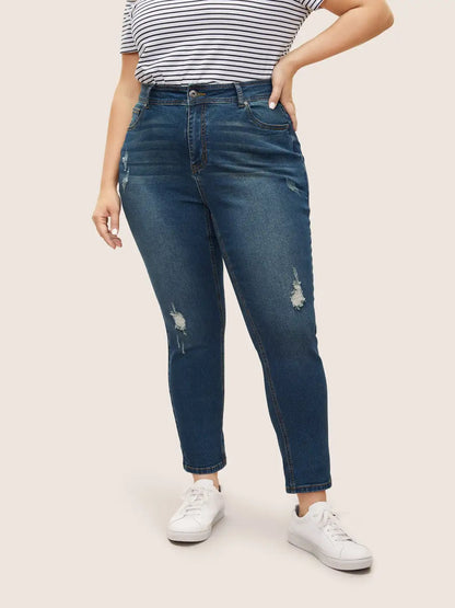Roll Hem Ripped Pocket Straight Leg Cropped Jeans