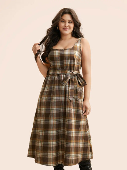Square Neck Plaid Belted Dress