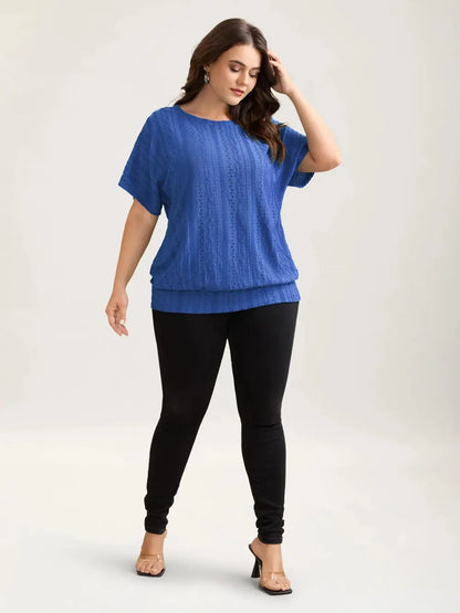Eyelet Trim Stretchy Textured Plain Top