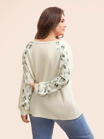 Waffle Knit Patchwork Leopard Print Sweatshirt