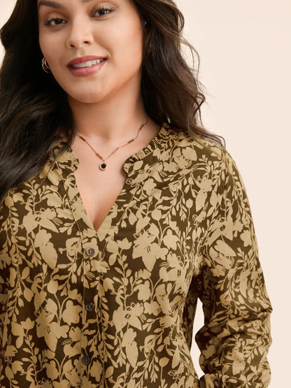 Silhouette Floral Print Notched Frill Trim Blouse