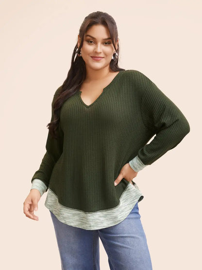 Notched Waffle Knit Patchwork Contrast T-Shirt