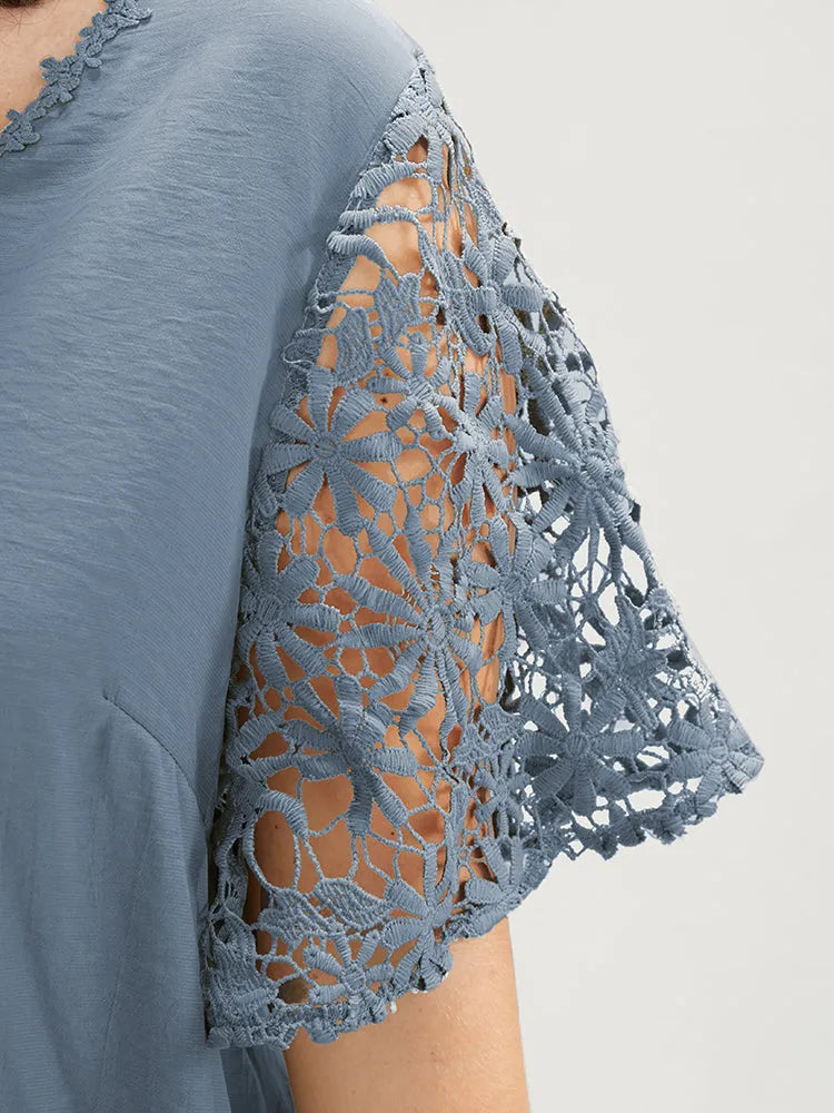 Plain V Neck Floral Patchwork Blouse