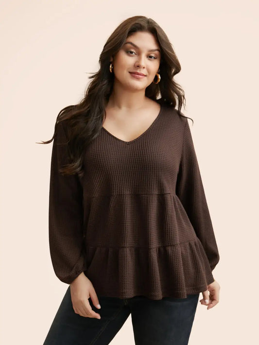 Solid Waffle Knit Ruffle Hem T-Shirt