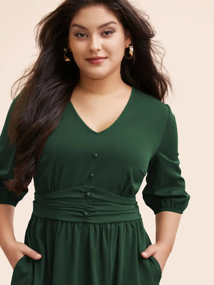 V Neck Shirred Ruched Midi Dress