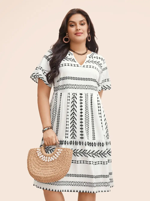 Bandana Geometric Ruffle Sleeve Babydoll Dress
