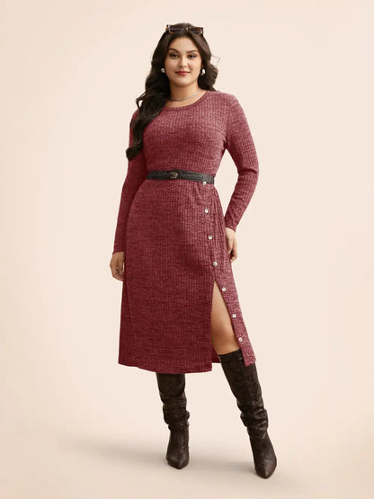 Crew Neck Button Detail Split Hem Dress