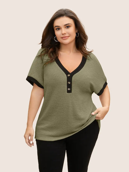 V Neck Contrast Button Detail Knit T-Shirt