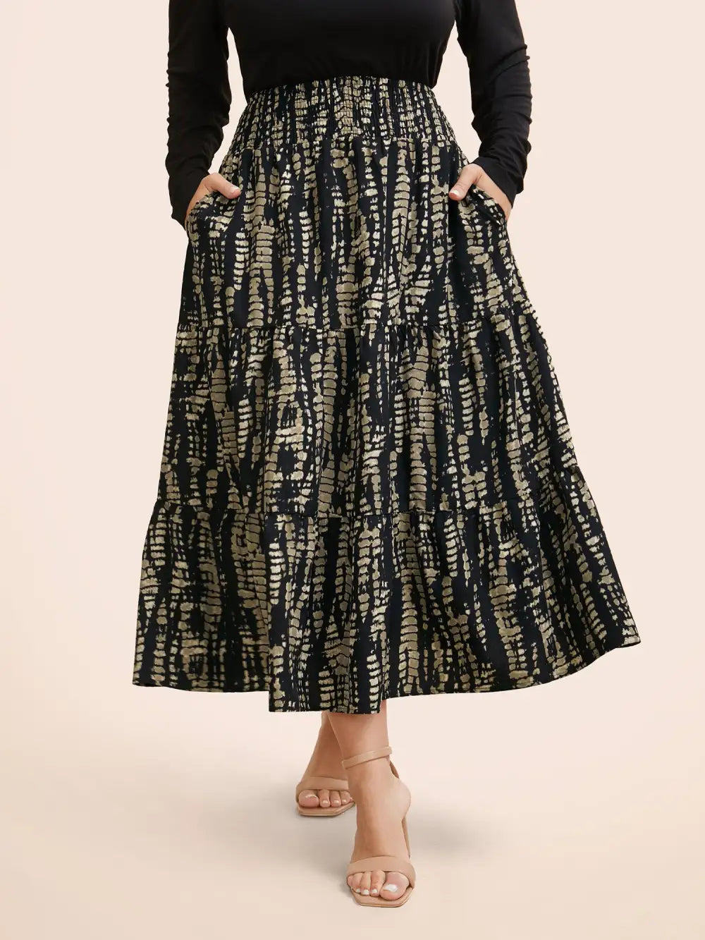 Geometric Shirred Ruffle Layered Hem Skirt