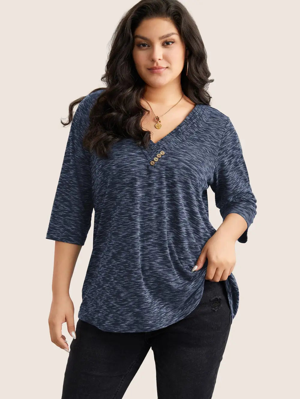 Heather Pleated Button Detail T-Shirt