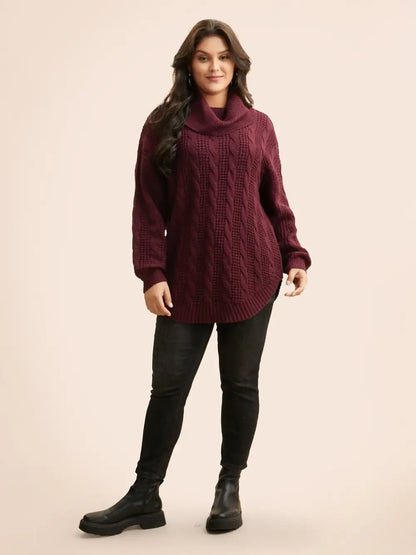 Turtleneck Cable Knit Curved Hem Pullover