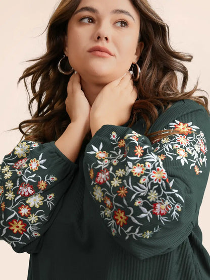 Waffle Knit Floral Embroidered Lantern Sleeve T-Shirt