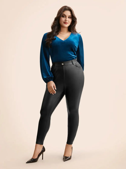 Pu Leather Button Detail Mid Rise Pants