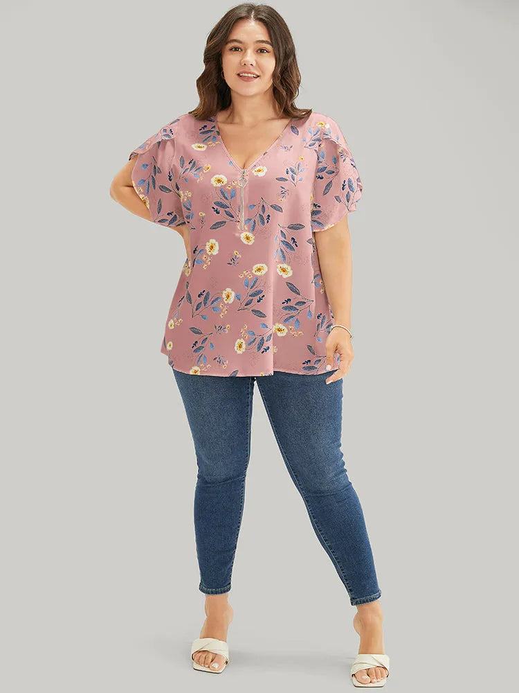 Floral O Ring Zipper Split Petal Sleeve Blouse