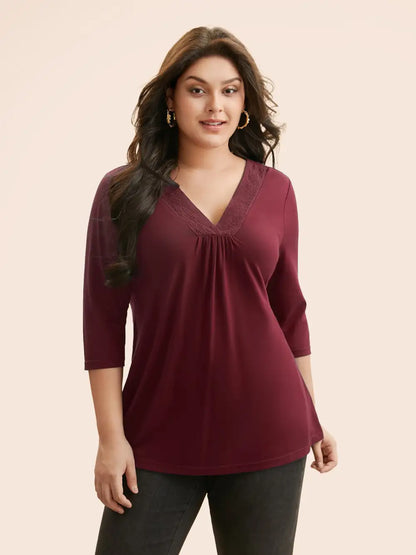 V Neck Embroidered Patchwork Gathered T-Shirt