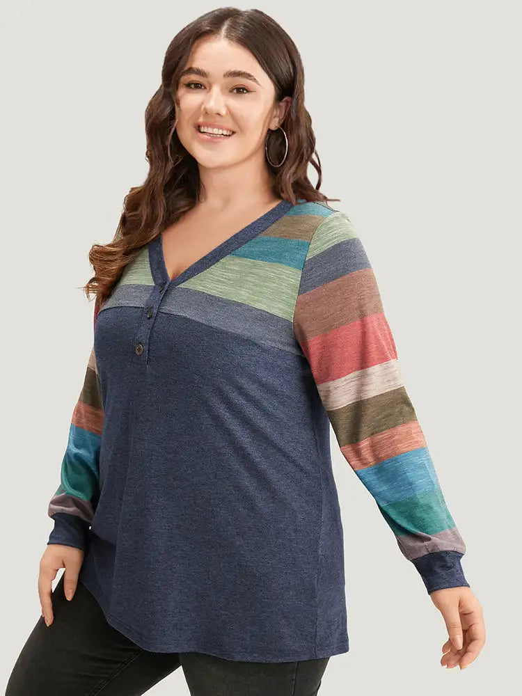 Colorblock Contrast V Neck Button Up T-Shirt