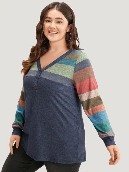 Colorblock Contrast V Neck Button Up T-Shirt