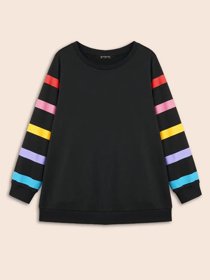 Colored Striped Patchwork Slightly Stretchy Sweatshirt