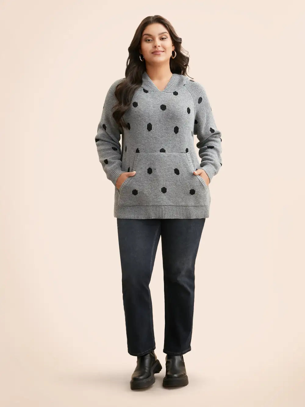 Polka Dot Hooded Patch Pocket Pullover
