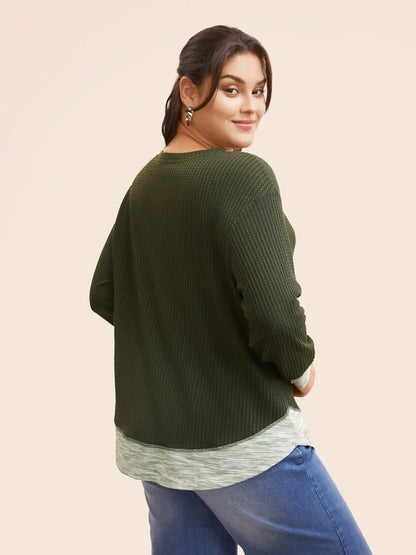 Notched Waffle Knit Patchwork Contrast T-Shirt