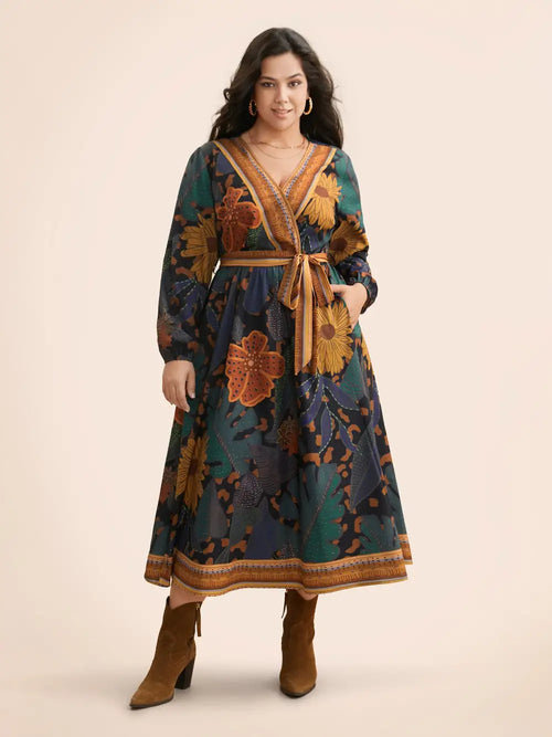 Boho Print Belted Lantern Sleeve Dress