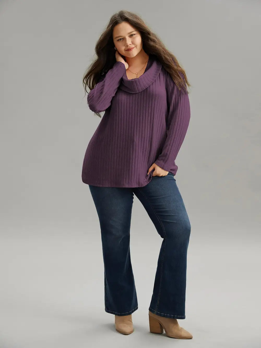 Plain Rib Knit Cowl Neck T-Shirt