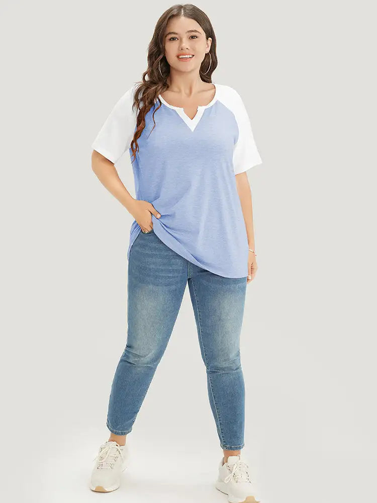 Colorblock Contrast Notched Raglan Sleeve T-shirt