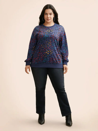 Round Neck Color Leopard Print Sweatshirt