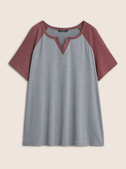 Colorblock Contrast Notched Raglan Sleeve T-Shirt
