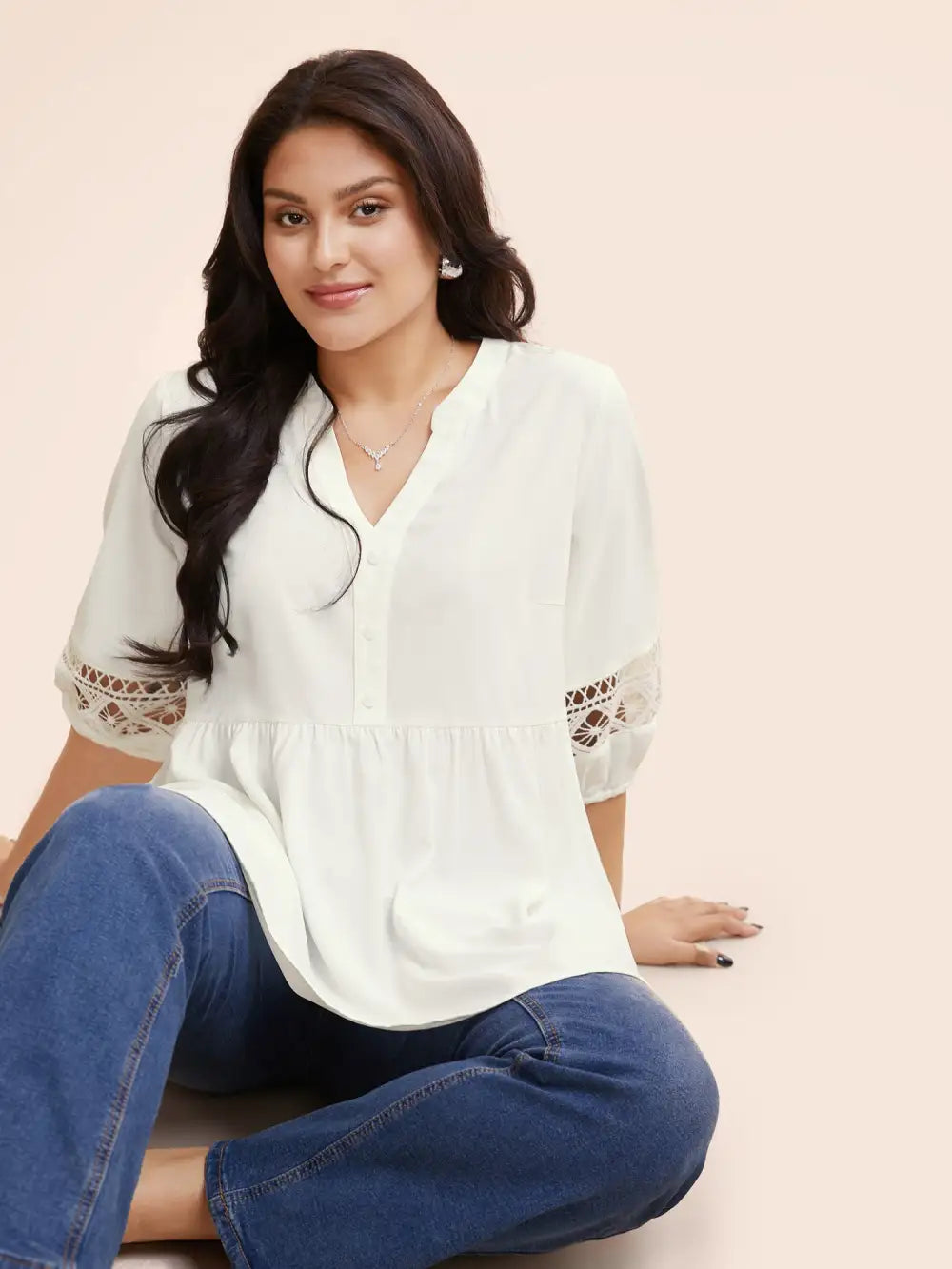 Notched Patchwork Cut Out Lantern Sleeve Blouse