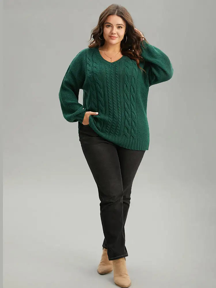Solid Cable Knit V Neck Elastic Cuffs Pullover