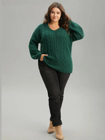 Solid Cable Knit V Neck Elastic Cuffs Pullover