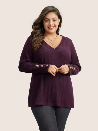 Rib Knit V Neck Button Detail T-Shirt