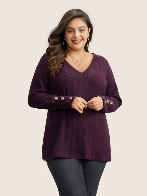 Rib Knit V Neck Button Detail T-Shirt