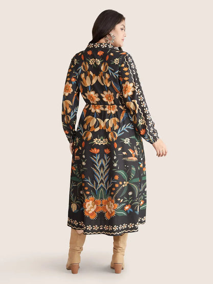 Bandana Print Pocket Lapel Collar Elastic Cuffs Dress