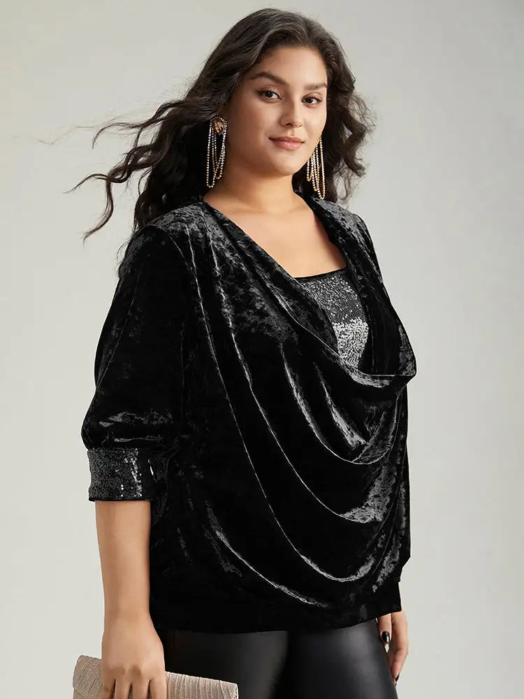 Cowl Neck 2-In-1 Sequin Patchwork Blouse