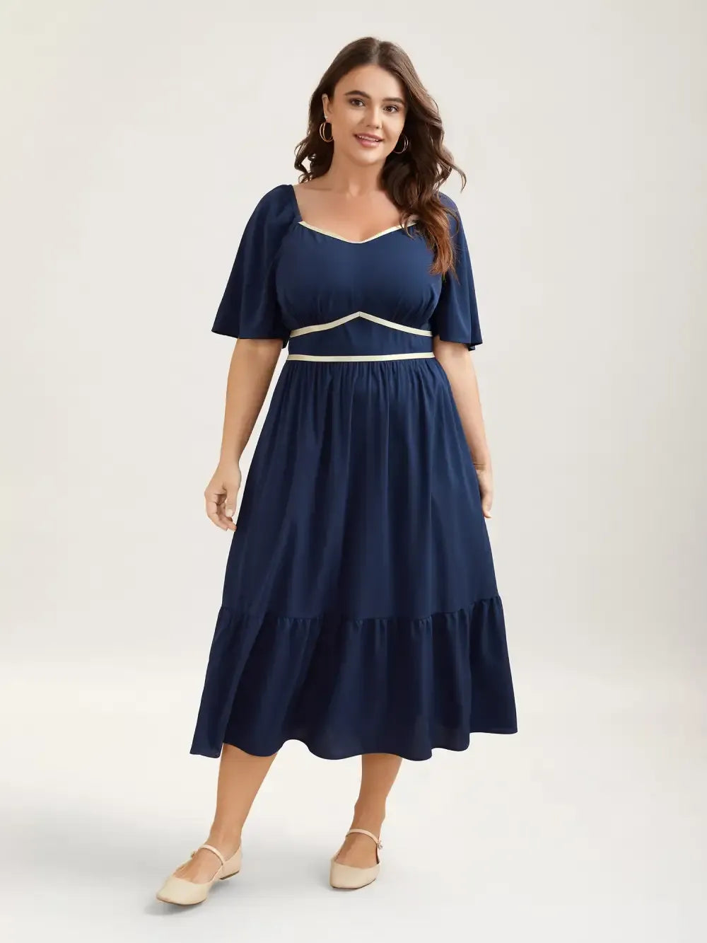 Textured Stretchy Waist Milkmaid Style Midi Dress