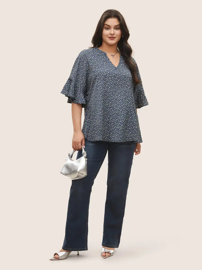 Leopard Print V Neck Ruffle Sleeve Blouse