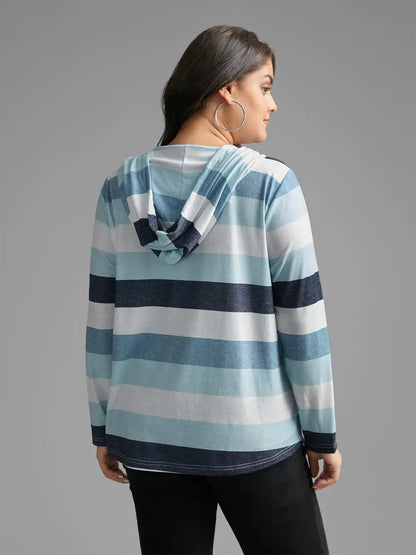 Contrast Striped Hooded Drawstring T-Shirt