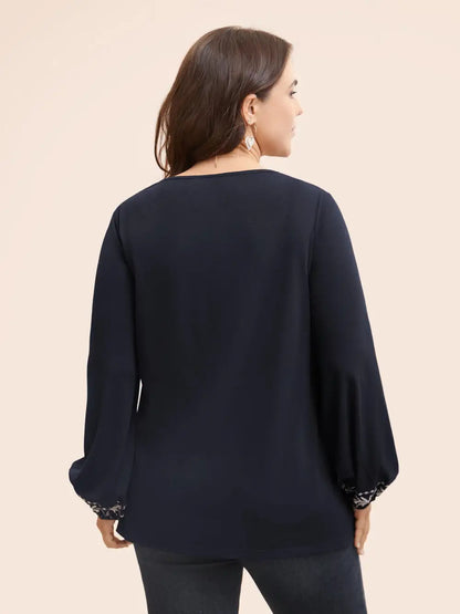 Floral Embroidered Knot Neck Lantern Sleeve T-Shirt