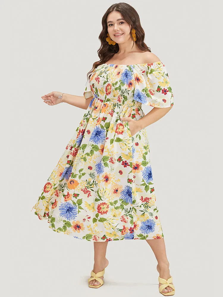 Floral Backless Shirred Square Neck Pocket Ruffle Hem Dress
