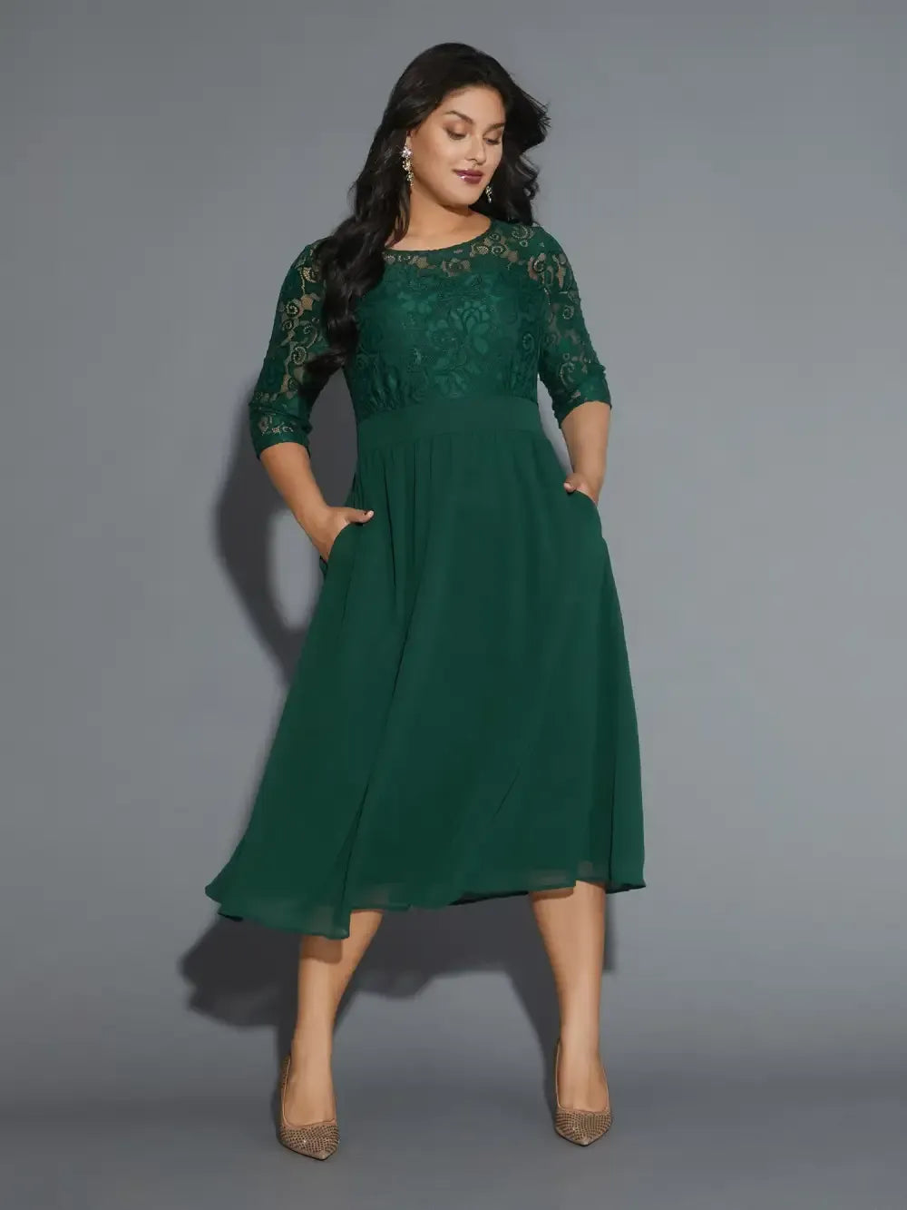 Lace Patchwork Shirred Midi Pocket Dress