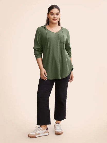 Waffle Knit Pocket Hooded Drawstring Arc Hem T-Shirt