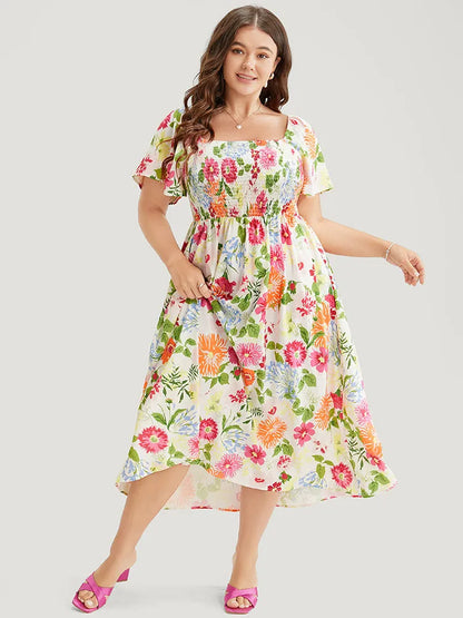 Floral Backless Shirred Square Neck Pocket Ruffle Hem Dress